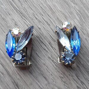Vintage Clip On Earrings Blue Clear Glass Stones Fancy Flower Retro 50s 60s